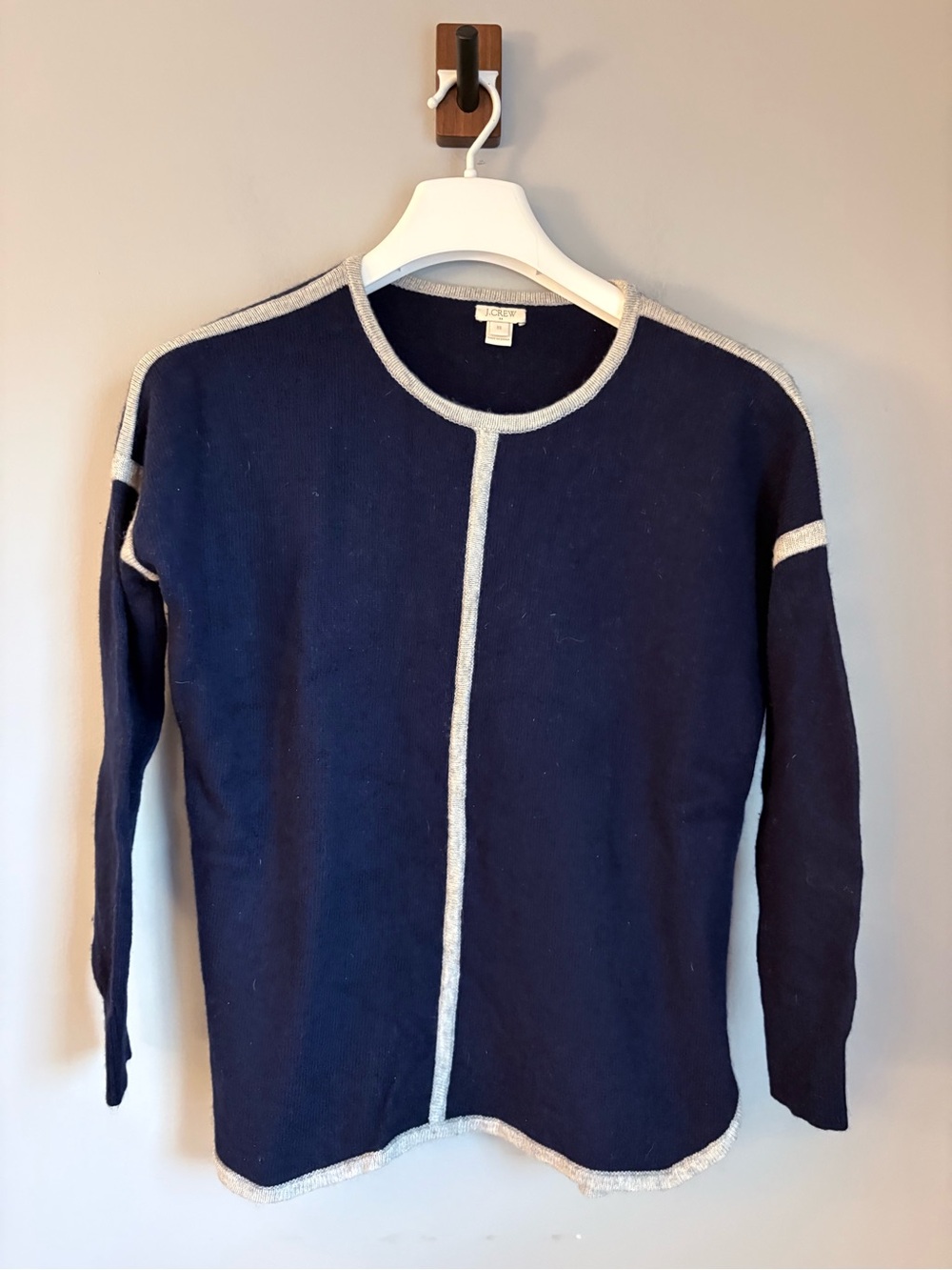 J Crew Merino Wool Blend Navy Blue Grey Trim Pullover Sweater XS